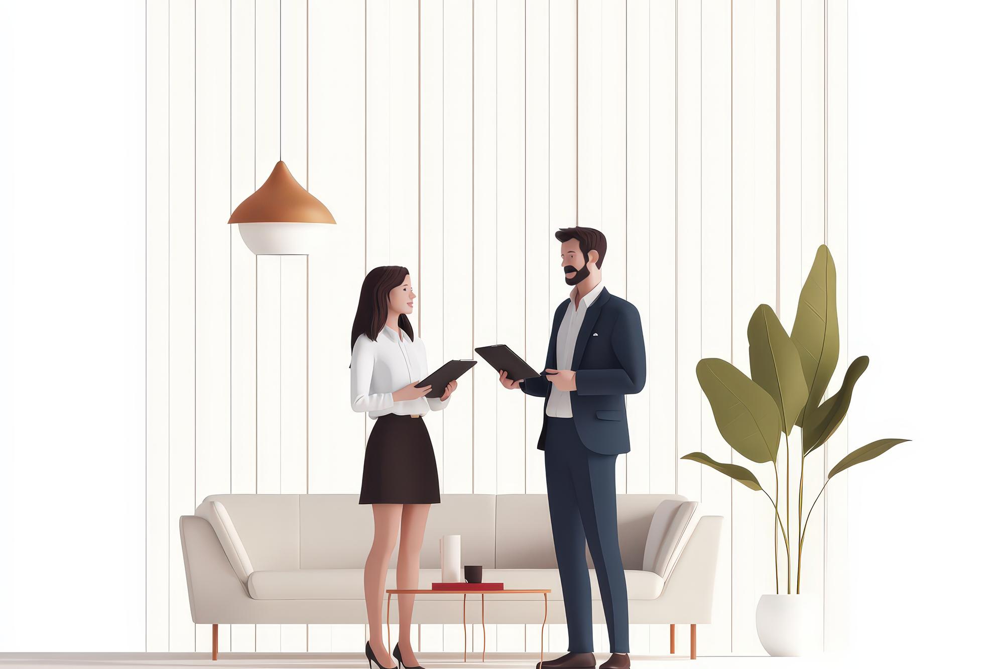 Agent imobiliar discutând cu proprietarul într-un living luminos